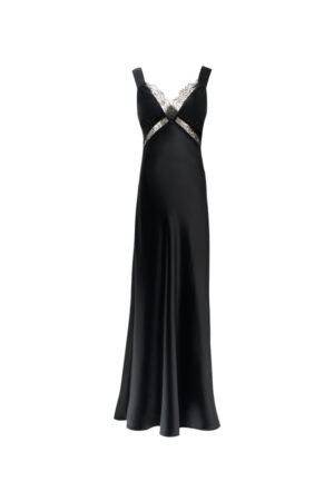 Front view of Latica Lace Maxi Dress in black, featuring fluid drape and lace-detailed neckline and waist.