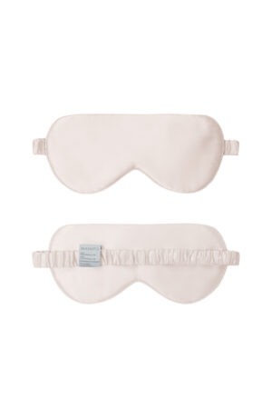 Light Eye Mask in pink silk shown from both front and back, designed with soft padding and ruched strap for pressure-free rest.