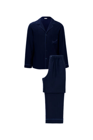 Front view of Limerence men's silk wool pajama set laid flat, showing relaxed fit and minimalist piping accents.