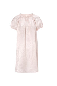 MANITO Loving Silk Nightdress in blush pink, showing puff sleeves and smocked neckline.