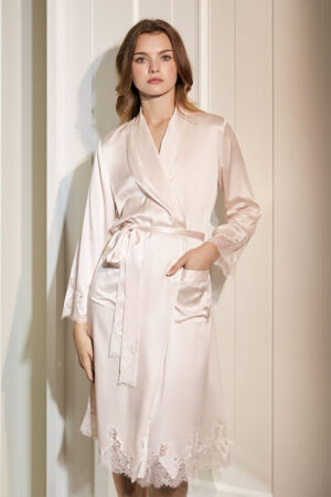 Front view of Luella Lace Women's Robe in pink with delicate floral lace trim.