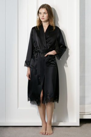 Front view of Luella Lace Women's Robe in black with floral lace detailing.