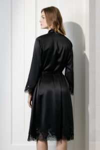 Luella Lace Women's Robe in black satin silk, back view showcasing lace hem.