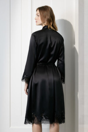 Luella Lace Women's Robe in black satin silk, back view showcasing lace hem.
