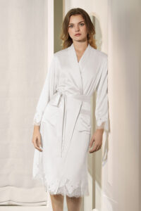 Front view of Luella Lace Women's Robe in white satin silk with lace trim.