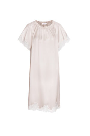 Flat lay of pink MANITO Luella Lace Silk Short Sleeve Dress, displaying the flutter sleeves and lace-trimmed hem.