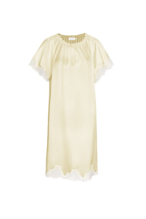 Flat lay of yellow MANITO Luella Lace Silk Short Sleeve Dress, featuring scalloped lace details on sleeves and hem.