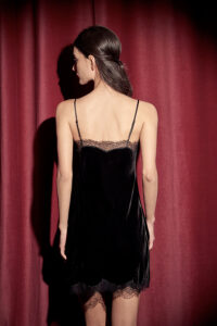 Rear view of model wearing MANITO Luella Silk Velvet Black Nightdress.