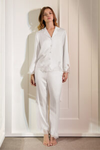 Full-body view of Luella Women's Pajama Set in silk with floral lace trim and tailored silhouette.