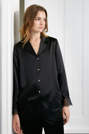 Close-up of Luella Women's Pajama Set in black silk, featuring tonal lace detailing and a soft satin finish.