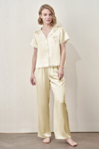 MANITO Lunavie Women's Silk Short Sleeve Pajama Set in pear sorbet, elegant silk two-piece.