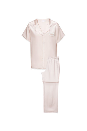 MANITO Lunavie Women's Silk Short Sleeve Pajama Set flat lay in soft pink, short-sleeve top with matching full-length pants.