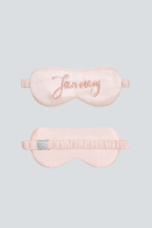 Pale pink Lune Silk Eye Mask with “January” sequin embroidery and elastic silk band.