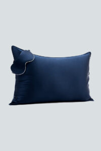 HA Silk Pillowcase & Eye Mask Gift Box in navy blue, showing the silk pillowcase with a coordinating eye mask.