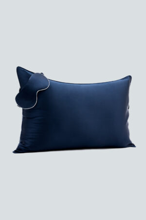 HA Silk Pillowcase & Eye Mask Gift Box in navy blue, showing the silk pillowcase with a coordinating eye mask.