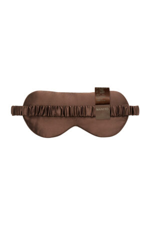 Back of Maple Men's Eye Mask in earth brown silk with ruched elastic strap for gentle, secure comfort.