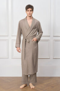 Front view of the Maple Men's Long Robe, highlighting the clean drape, soft shawl collar, and subtle piping details.