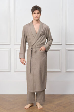 Front view of the Maple Men's Long Robe, highlighting the clean drape, soft shawl collar, and subtle piping details.