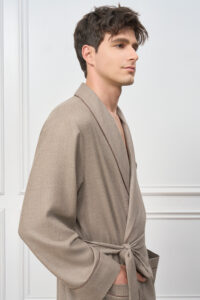 Side view of the Maple Men's Long Robe, showing the three-dimensional check texture and refined piping along the collar and sleeves.