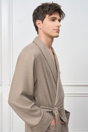 Side view of the Maple Men's Long Robe, showing the three-dimensional check texture and refined piping along the collar and sleeves.