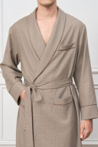 Close-up of the Maple Men's Long Robe front, featuring the embroidered chest pocket, soft shawl collar, and textured check weave.