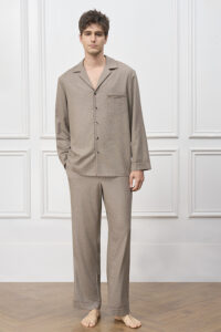 Full front view of man in Maple Men's Pajama Set, standing barefoot in a calm, comfortable loungewear pose.