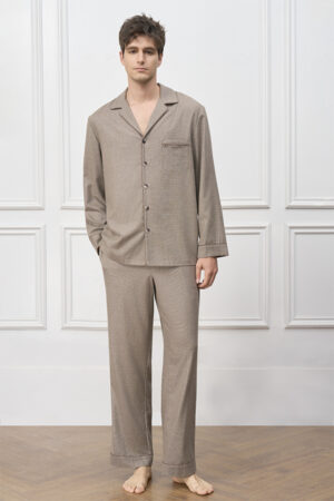 Full front view of man in Maple Men's Pajama Set, standing barefoot in a calm, comfortable loungewear pose.