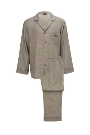 Maple Men's Pajama Set lay flat, long-sleeve shirt and pants displayed together in soft, earthy brown check fabric.