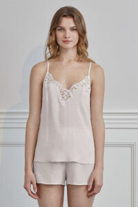 Monogram Women's Camisole Set in pearl pink with delicate lace trim and jacquard pattern.