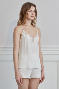 Monogram Women's Camisole Set in ivory white featuring lace neckline and jacquard silk texture.