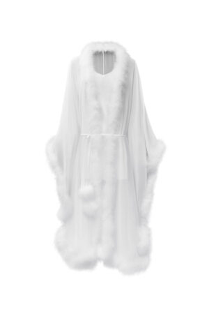 White New Diva Feather Long Robe displayed on white background, airy long robe with belt and full feather-trimmed border.