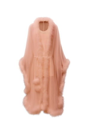 Coral New Diva Feather Long Robe on white background, sheer cape-style design with belt and ostrich feather trim at edges.