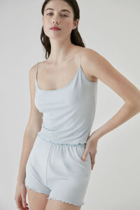 Blue New Soft camisole set with a soft, stretchy fabric and scalloped edges, offering a comfortable and stylish look.