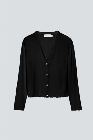 New Soft Women's Camisole Set black cardigan with a V-neck and button details.