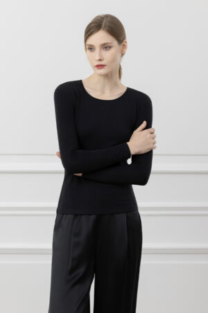 Newsoft Women's Modal Knit T-Shirt in black, featuring a sleek round neckline and smooth slim-fit silhouette.