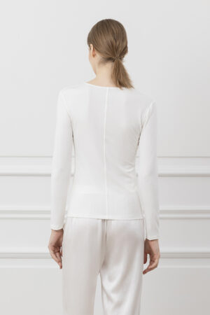 Back detail of Newsoft Women's Modal Knit T-Shirt in white, featuring a subtle center seam and smooth texture.