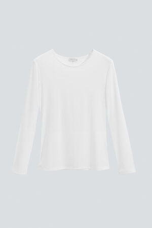 Flat lay of Newsoft Women's Modal Knit T-Shirt in white, displaying its long sleeves and minimalistic neckline.
