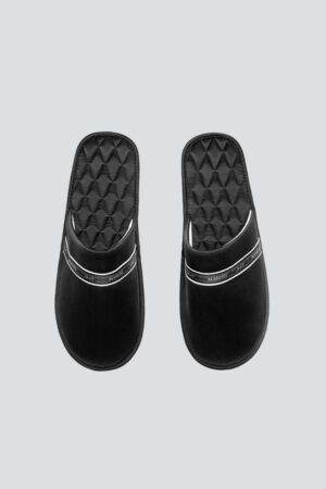 Top view pair of NoirRuban NoirRuban Men's Silk Lounge Shoes in black, featuring full diamond quilting from heel to toe.