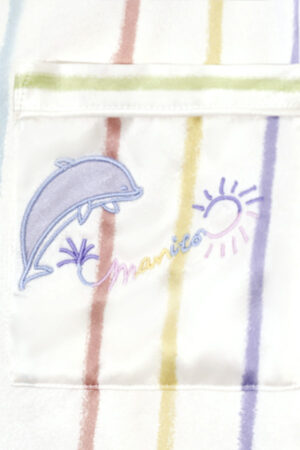 Detailed shot of the dolphin and sun embroidery on the chest pocket of MANITO rainbow striped long sleeve shirt.