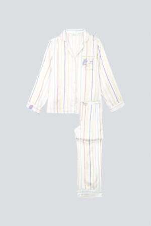 Flat lay of MANITO rainbow striped long sleeve shirt and pants set, featuring multicolored pastel stripes.