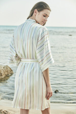 Back view of MANITO Ocean Stripe Silk Short Robe, featuring soft pastel stripes and a comfortable belt tie.