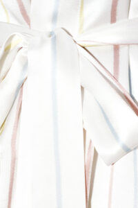 MANITO Ocean Stripe Silk Short Robe tied in a neat bow.