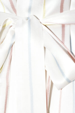 MANITO Ocean Stripe Silk Short Robe tied in a neat bow.
