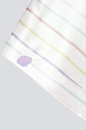 Detailed view of the shell embroidery on MANITO Ocean Stripe Silk Short Robe's sleeve, enhancing its coastal charm.