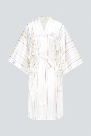 Full display of MANITO Ocean Stripe silk rainbow robe with a belted waist and flowing sleeves.