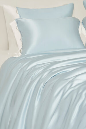 Ocean Wave Bedding Sets with Fitted Sheet-4 Pieces include fitted sheet, flat sheet, and 2 pillowcases in 22 momme silk-cotton satin with wave trim.