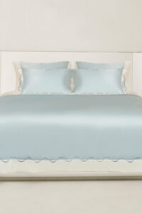 Ocean Wave Bedding Sets with Fitted Sheet-4 Pieces: 22 momme silk-cotton satin, wave embroidery, piped trim, and serene baby blue comfort.
