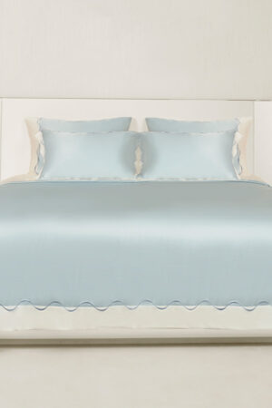 Ocean Wave Bedding Sets with Fitted Sheet-4 Pieces: 22 momme silk-cotton satin, wave embroidery, piped trim, and serene baby blue comfort.