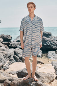 Full-body view of MANITO Ocean Wave Men's Short Pajama Set in ocean wave print.
