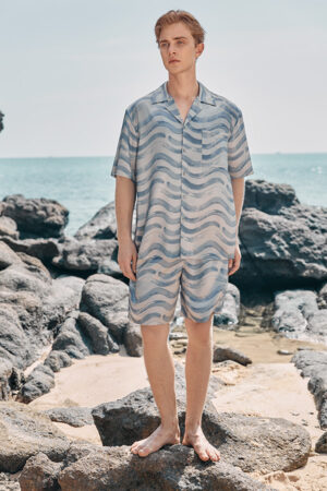 Full-body view of MANITO Ocean Wave Men's Short Pajama Set in ocean wave print.